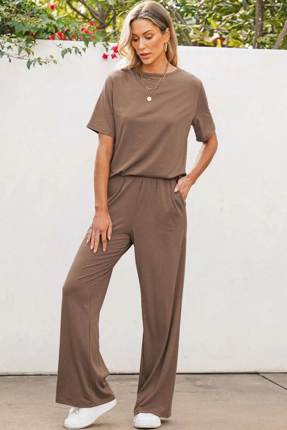 Smoke Gray Solid Color T Shirt 2pcs Wide Leg Pants Set - Love Salve